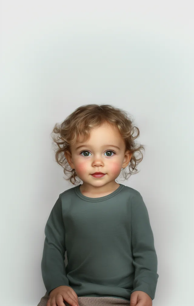 A toddler photographed from a few steps away, sitting against a plain wall