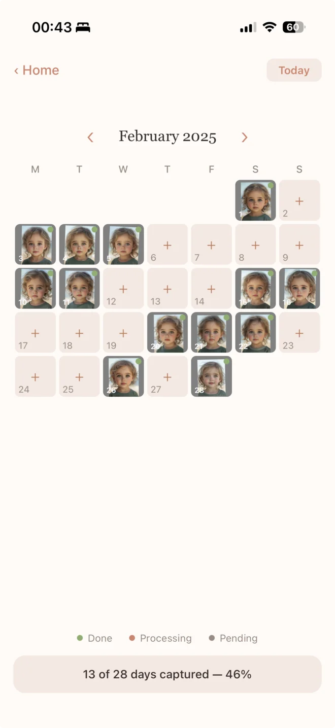 A month in Bloom's calendar, with a small photo on each day that has one