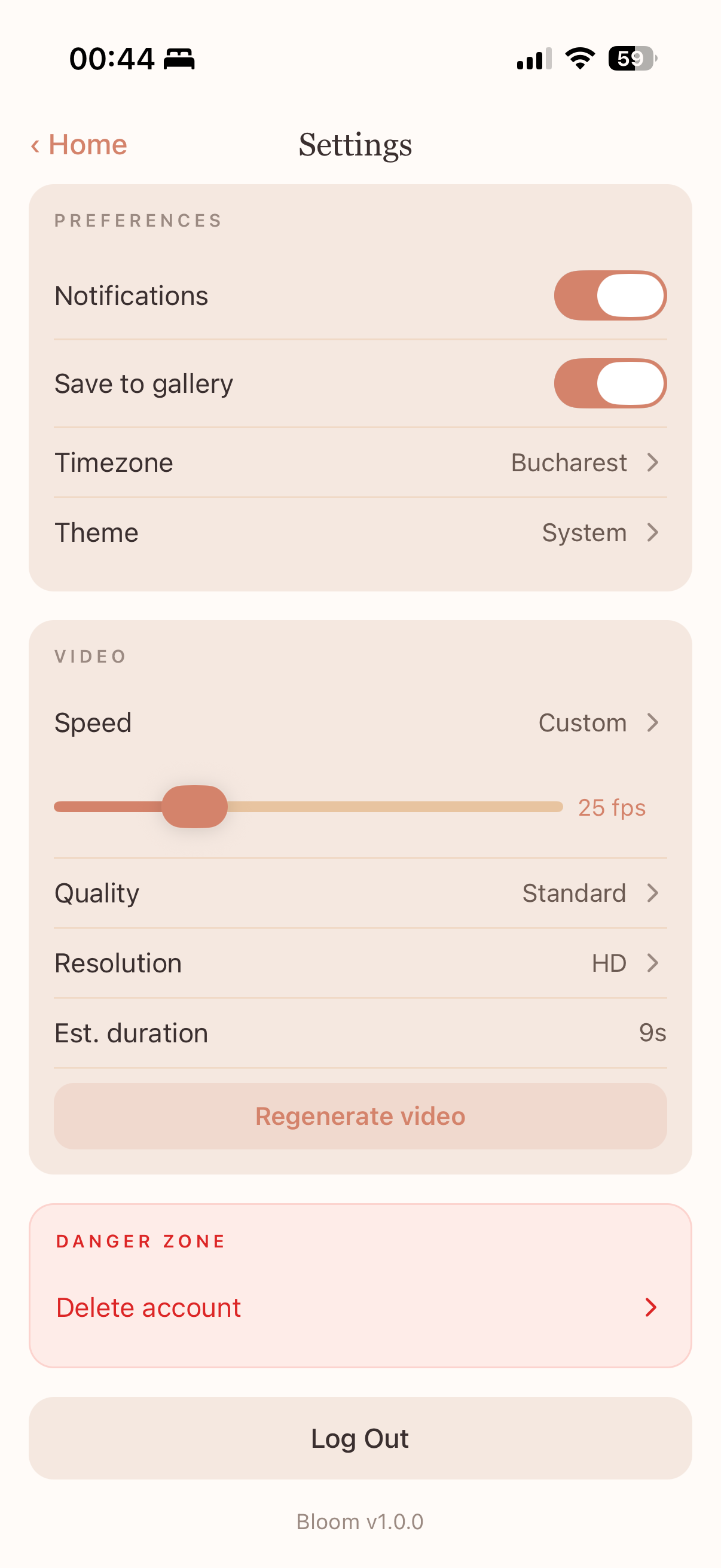 Settings screen with preferences and video configuration